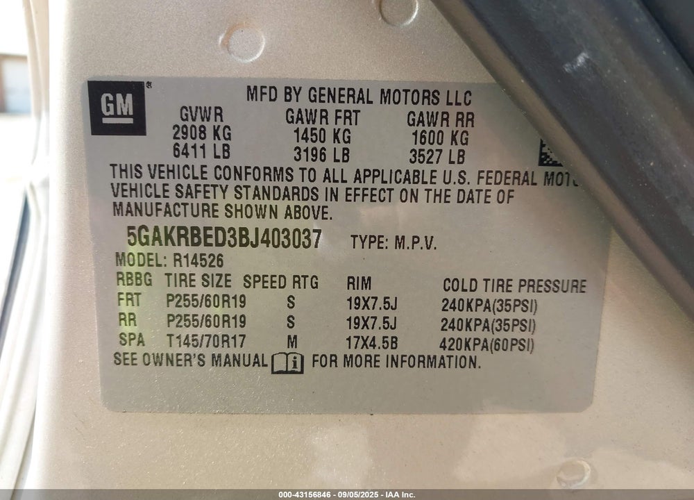 2011 BUICK ENCLAVE 1XL VIN: 5GAKRBED3BJ403037