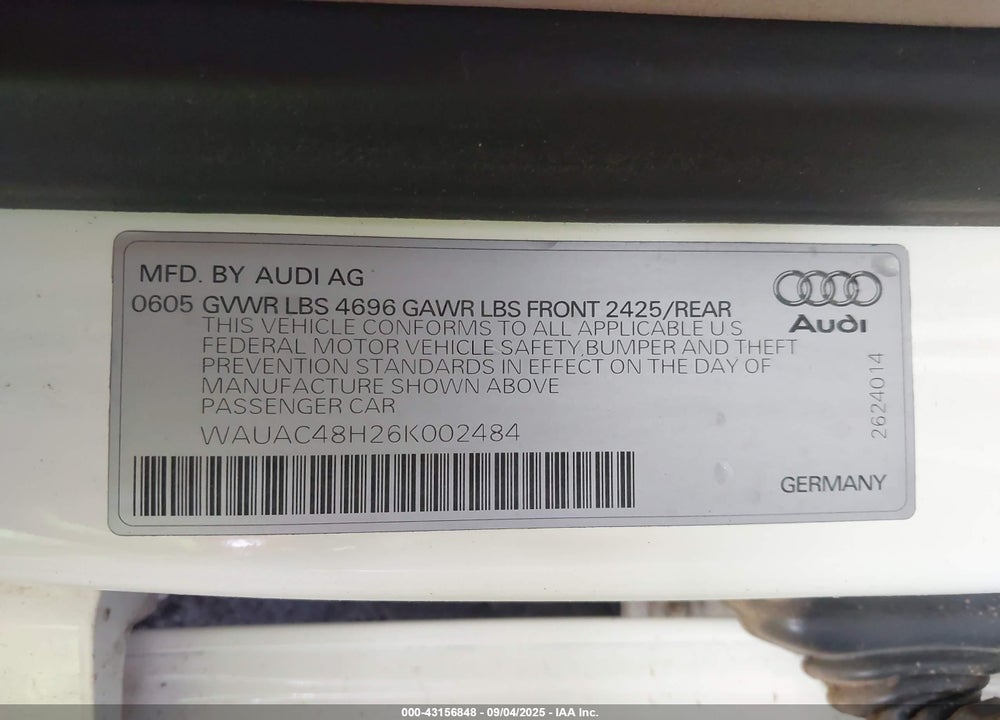 2006 AUDI A4 VIN: WAUAC48H26K002484
