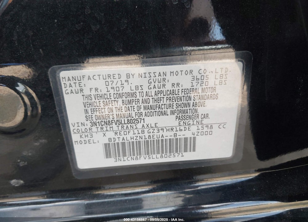 2020 NISSAN VERSA VIN: 3N1CN8FV5LL802571