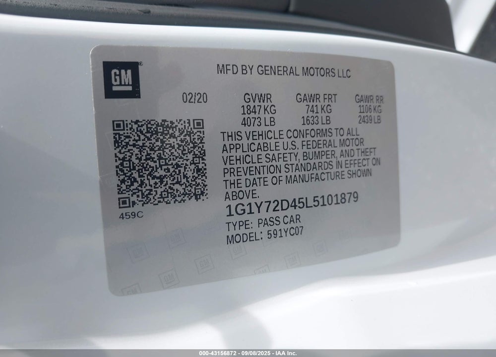 2020 CHEVROLET CORVETTE STINGRAY VIN: 1G1Y72D45L5101879