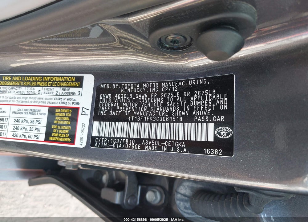 2012 TOYOTA CAMRY VIN: 4T1BF1FK3CU061518