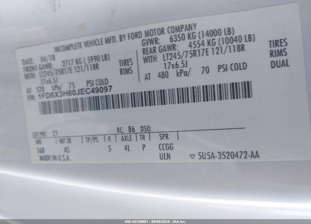 2018 FORD F-350 CHASSIS XL VIN: 1FD8X3H60JEC49097
