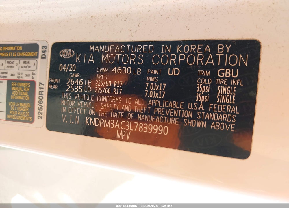 2020 KIA SPORTAGE VIN: KNDPM3AC3L7839990