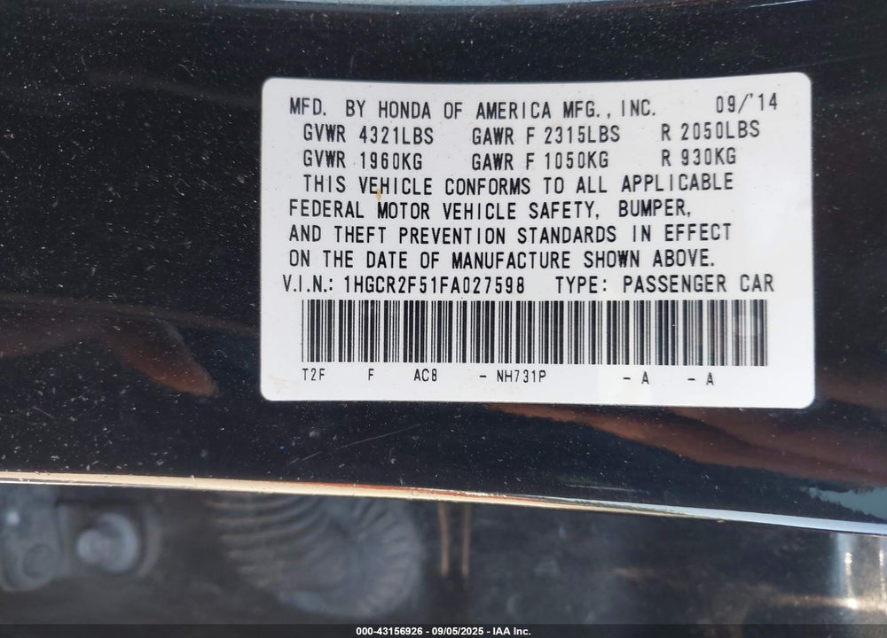 2015 HONDA ACCORD VIN: 1HGCR2F51FA027598