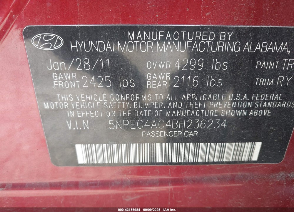 2011 HYUNDAI SONATA VIN: 5NPEC4AC4BH236234