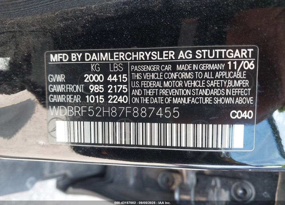 2007 MERCEDES-BENZ C 230 SPORT VIN: WDBRF52H87F887455