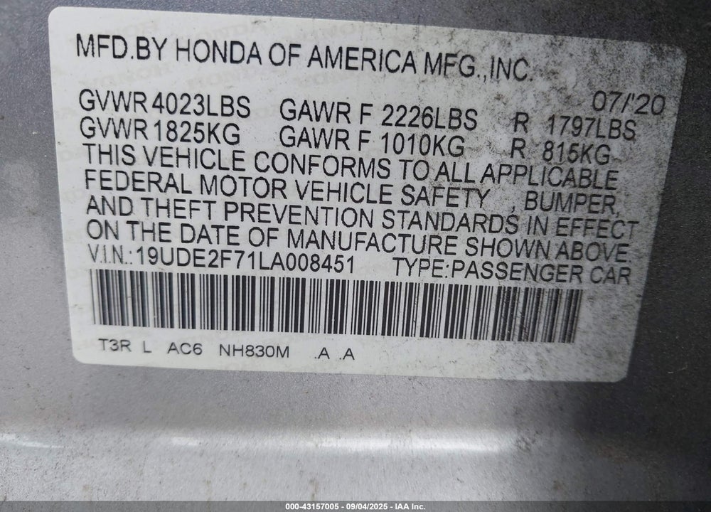 2020 ACURA ILX VIN: 19UDE2F71LA008451