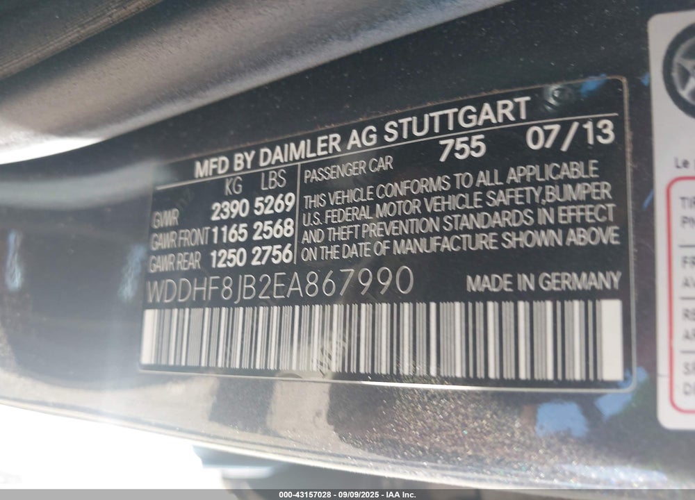2014 MERCEDES-BENZ E-CLASS VIN: WDDHF8JB2EA867990