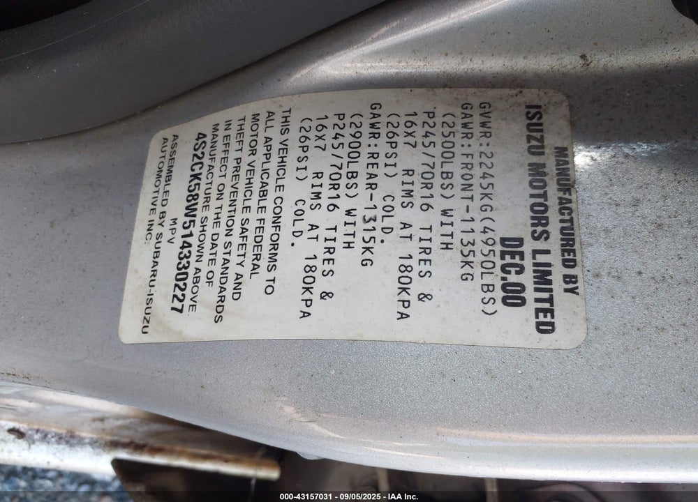 2001 ISUZU RODEO LS 3.2L V6/LSE 3.2L V6/S 3.2L V6 VIN: 4S2CK58W514330227