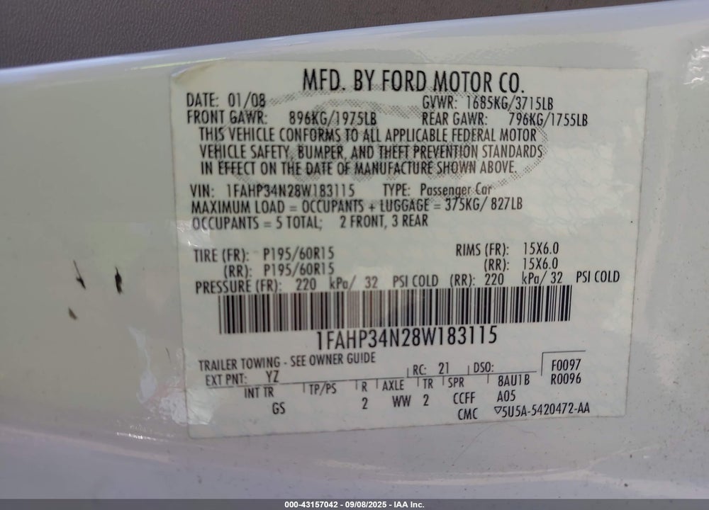 2008 FORD FOCUS S VIN: 1FAHP34N28W183115