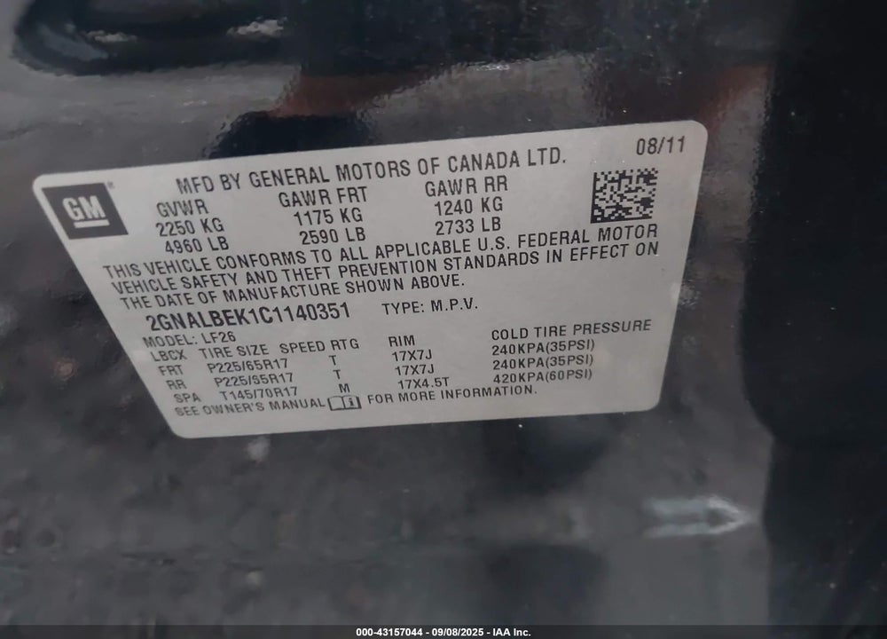 2012 CHEVROLET EQUINOX VIN: 2GNALBEK1C1140351