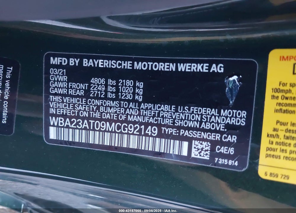 2021 BMW 4 SERIES VIN: WBA23AT09MCG92149