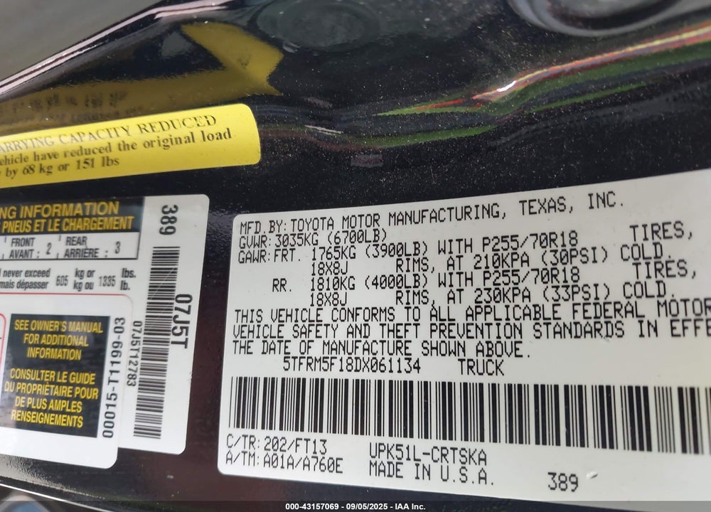 2013 TOYOTA TUNDRA GRADE 4.6L V8 VIN: 5TFRM5F18DX061134