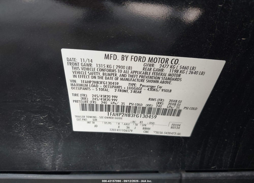 2015 FORD TAURUS SEL VIN: 1FAHP2H83FG130459