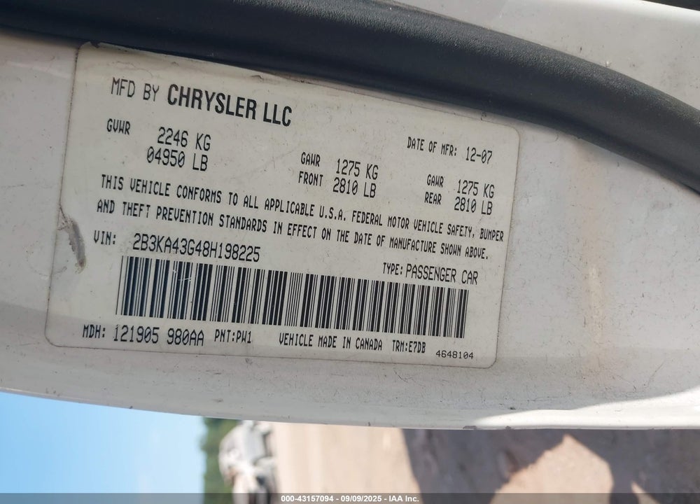 2008 DODGE CHARGER VIN: 2B3KA43G48H198225