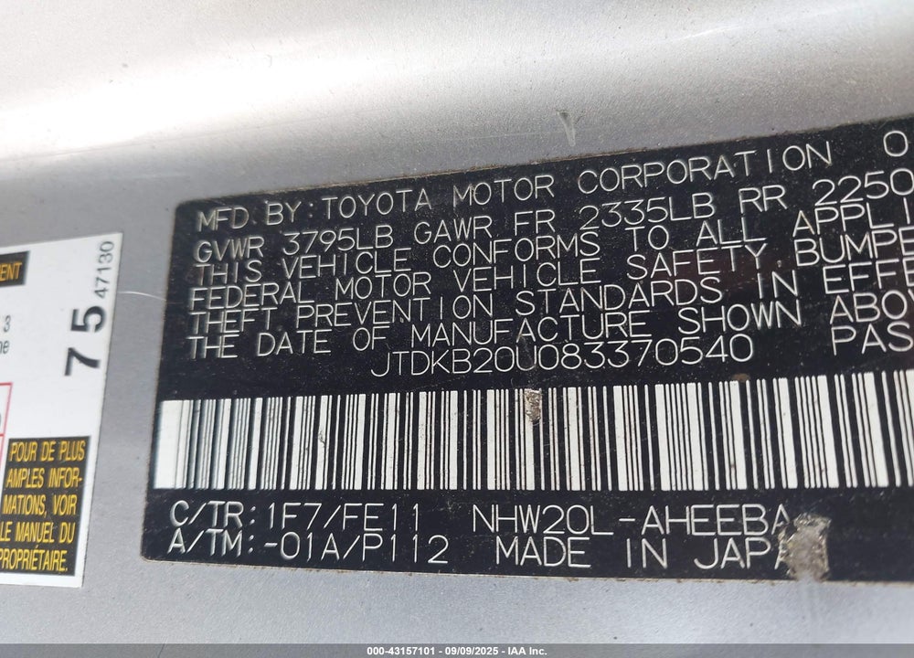 2008 TOYOTA PRIUS VIN: JTDKB20U083370540