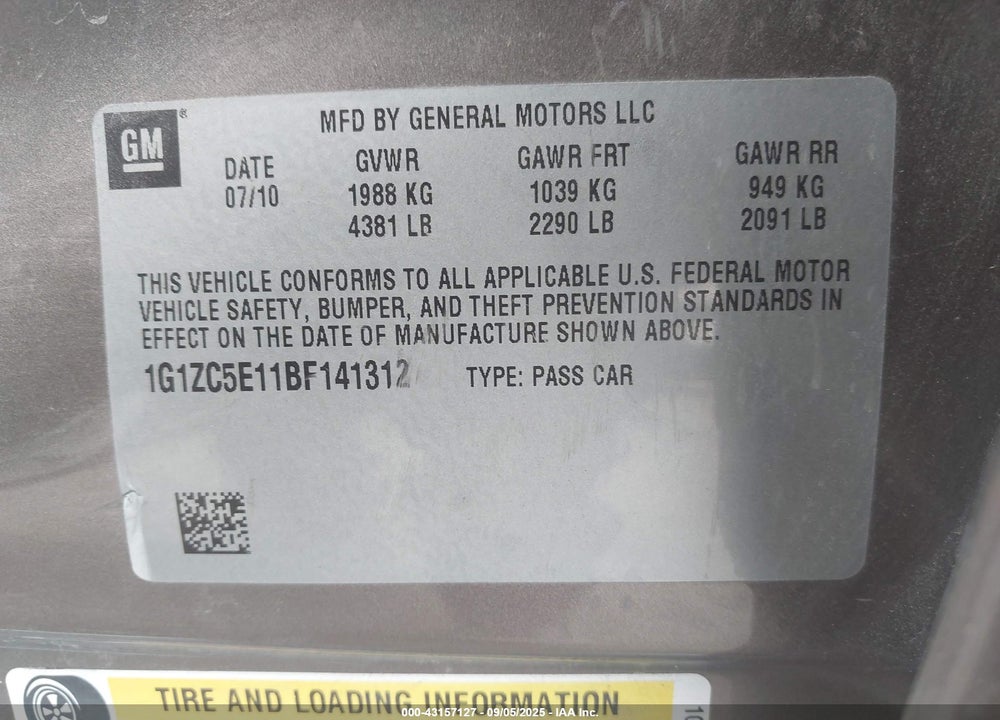 2011 CHEVROLET MALIBU VIN: 1G1ZC5E11BF141312