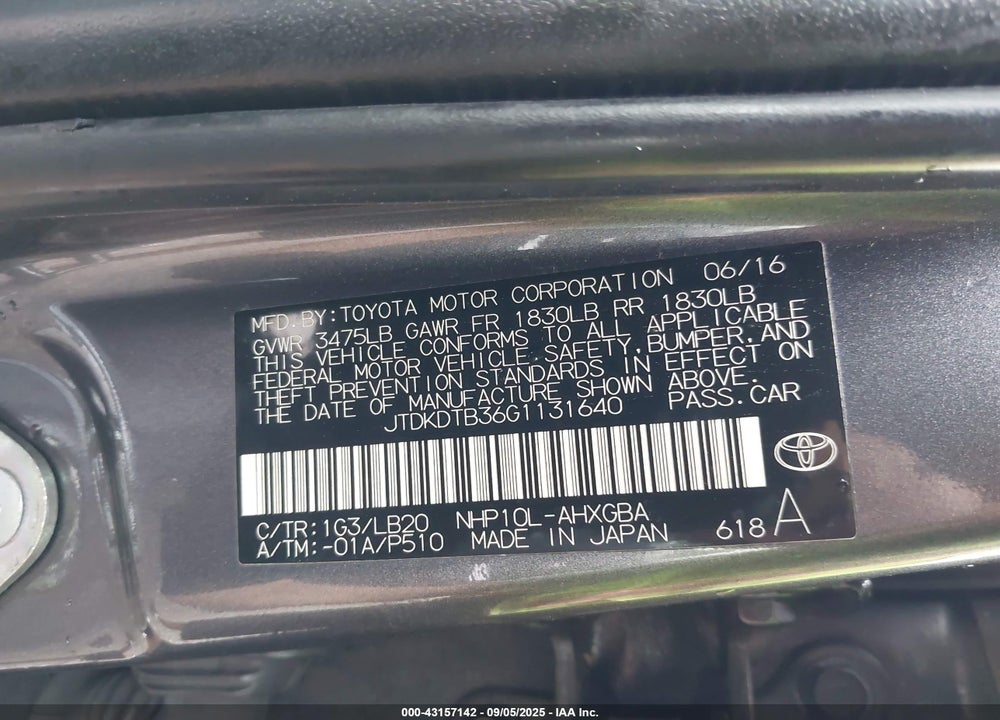2016 TOYOTA PRIUS C FOUR VIN: JTDKDTB36G1131640