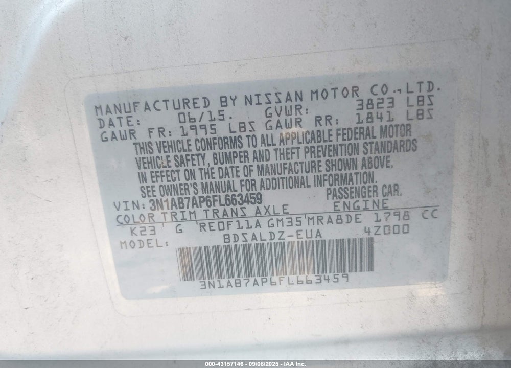 2015 NISSAN SENTRA VIN: 3N1AB7AP6FL663459