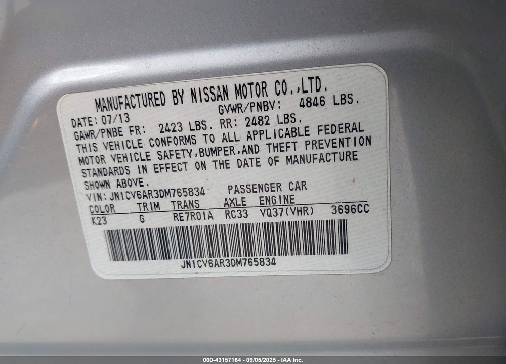 2013 INFINITI G37 VIN: JN1CV6AR3DM765834