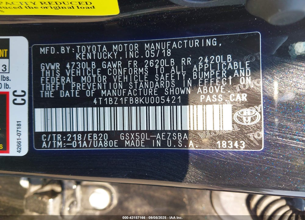 2019 TOYOTA AVALON VIN: 4T1BZ1FB8KU005421