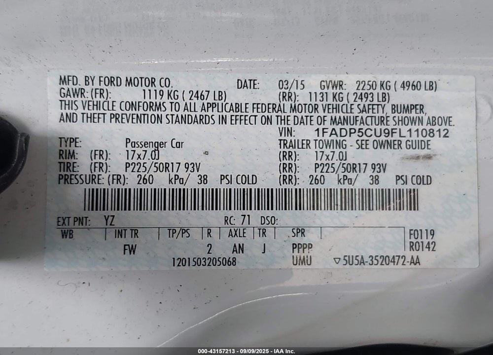 2015 FORD C-MAX VIN: 1FADP5CU9FL110812