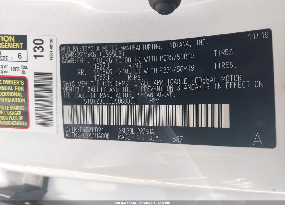2020 TOYOTA SIENNA SE VIN: 5TDXZ3DC6LS060859