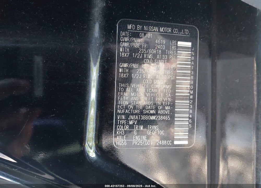 2021 NISSAN ROGUE VIN: JN8AT3BB0MW238465