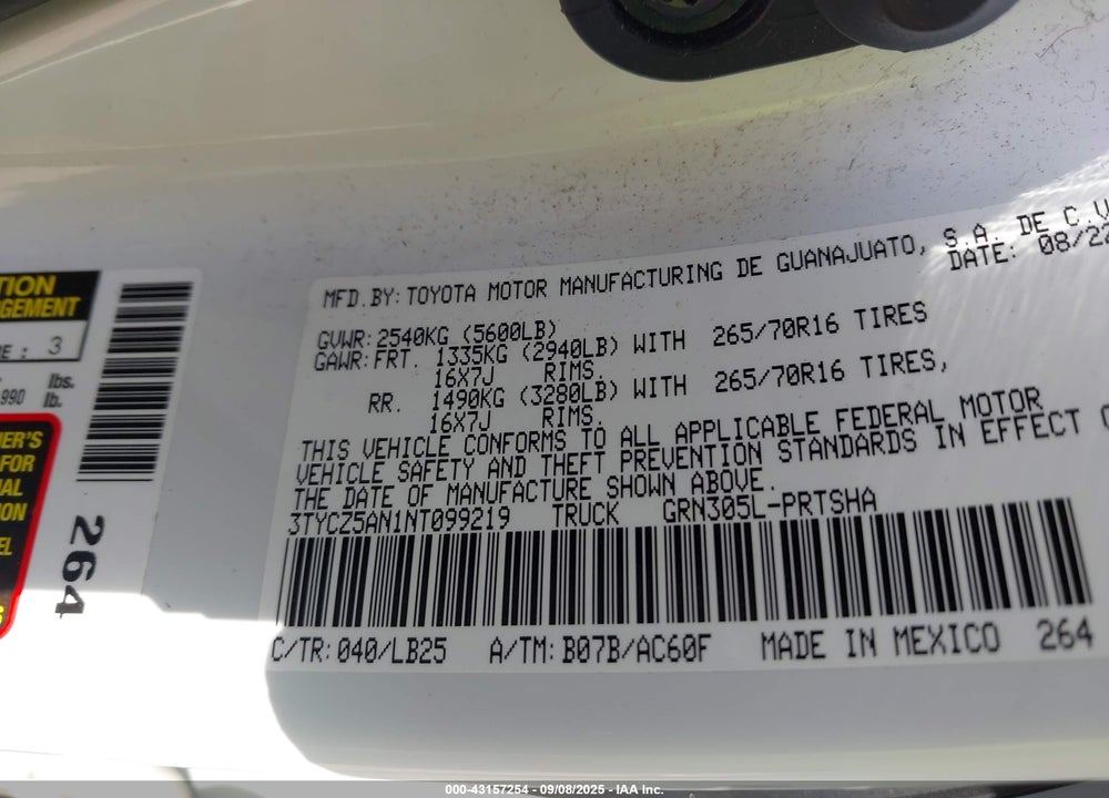 2022 TOYOTA TACOMA VIN: 3TYCZ5AN1NT099219