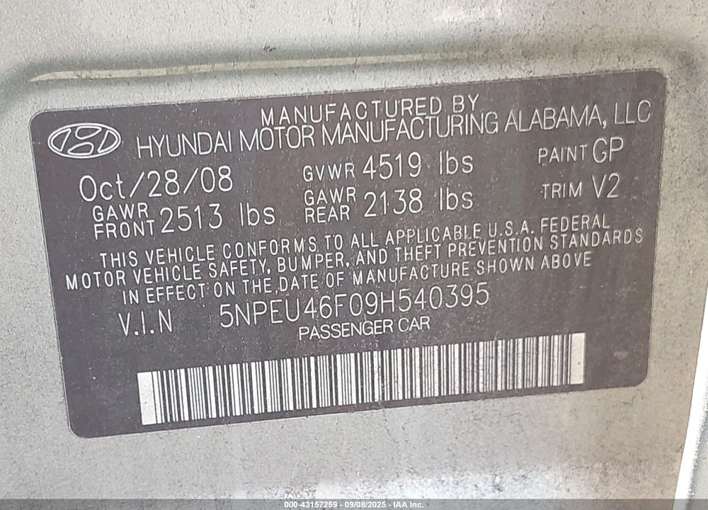 2009 HYUNDAI SONATA LIMITED V6 VIN: 5NPEU46F09H540395