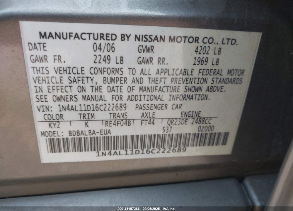 2006 NISSAN ALTIMA 2.5 S VIN: 1N4AL11D16C222689