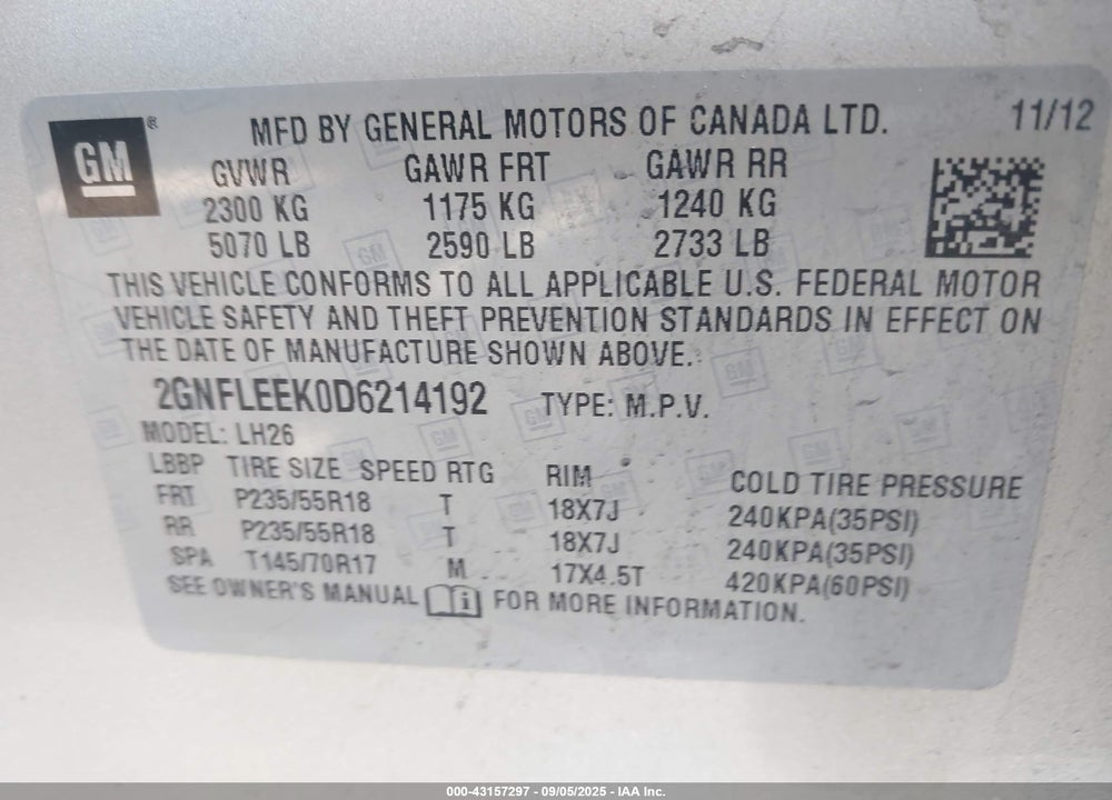 2013 CHEVROLET EQUINOX VIN: 2GNFLEEK0D6214192
