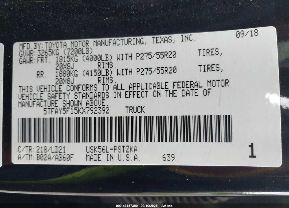 2019 TOYOTA TUNDRA VIN: 5TFAY5F15KX792392