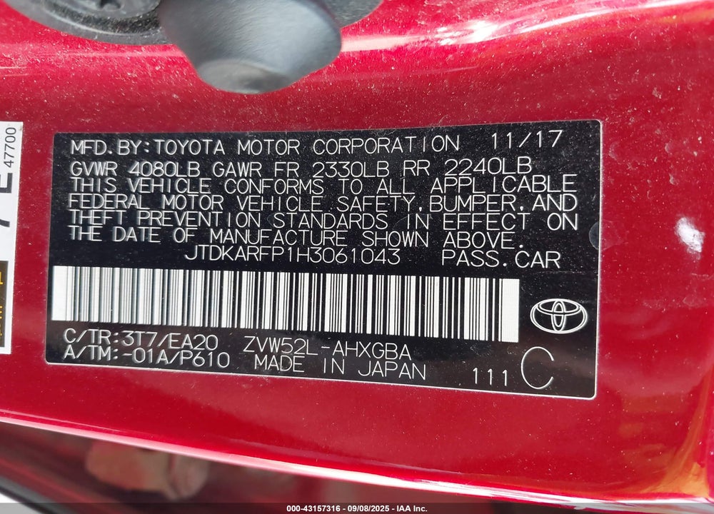 2017 TOYOTA PRIUS PRIME VIN: JTDKARFP1H3061043