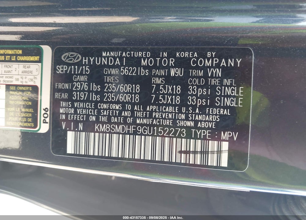 2016 HYUNDAI SANTA FE VIN: KM8SMDHF9GU152273