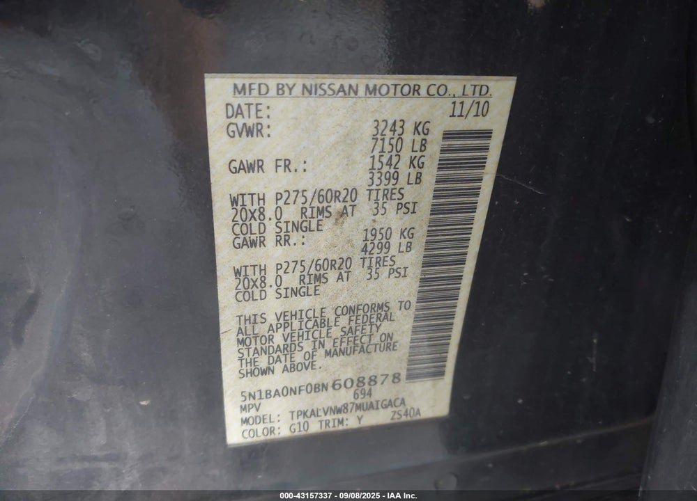 2011 NISSAN ARMADA PLATINUM VIN: 5N1BA0NF0BN608878