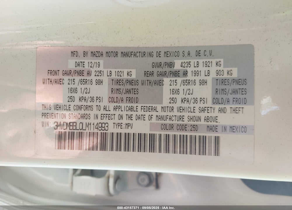 2020 MAZDA CX-30 VIN: 3MVDMBBL0LM114993