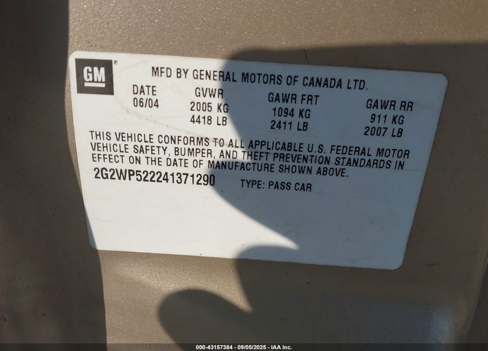 2004 PONTIAC GRAND PRIX GT1 VIN: 2G2WP522241371290