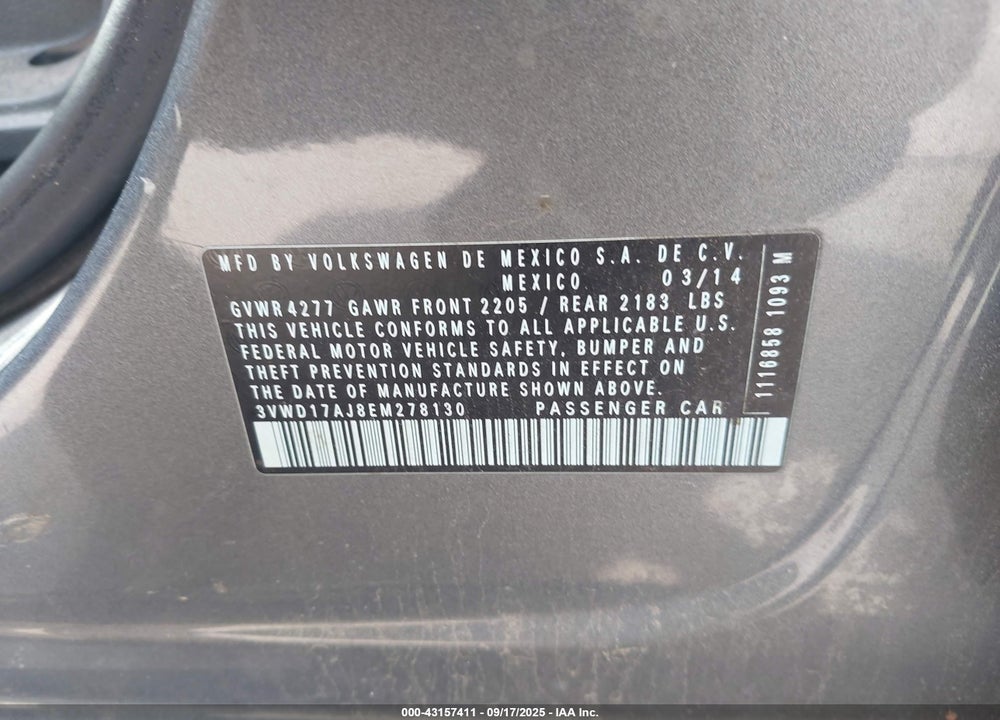 2014 VOLKSWAGEN JETTA VIN: 3VWD17AJ8EM278130