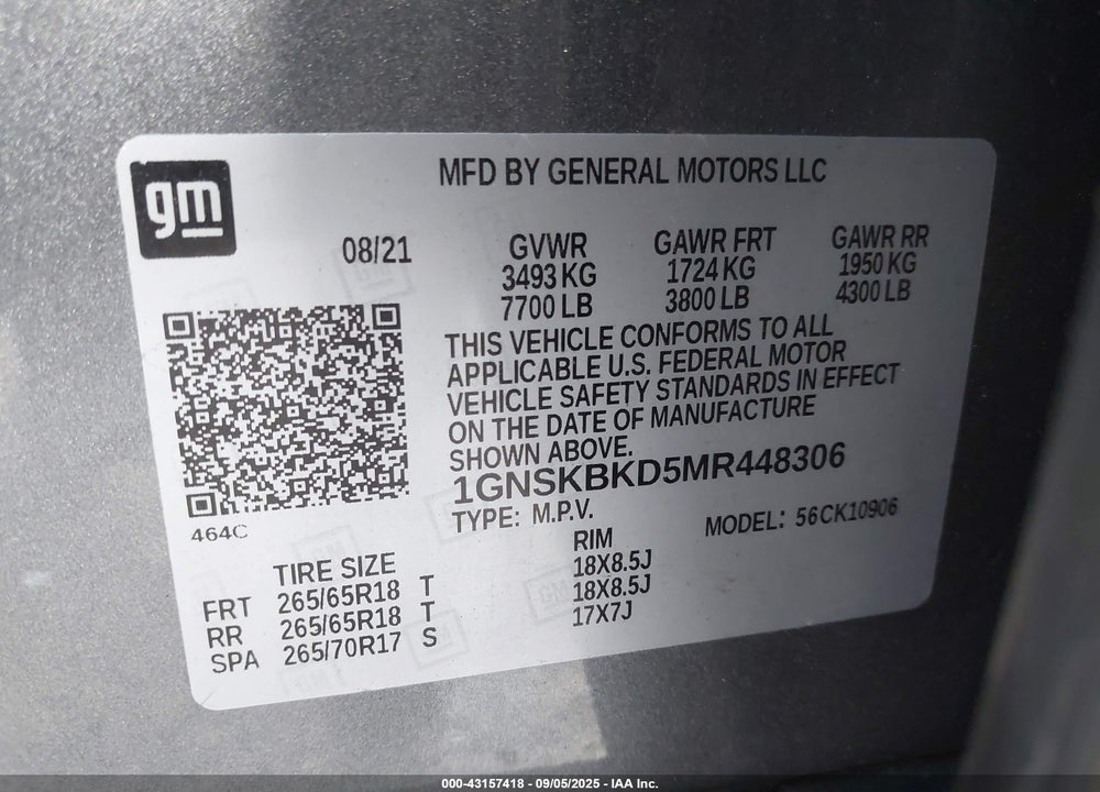 2021 CHEVROLET SUBURBAN VIN: 1GNSKBKD5MR448306