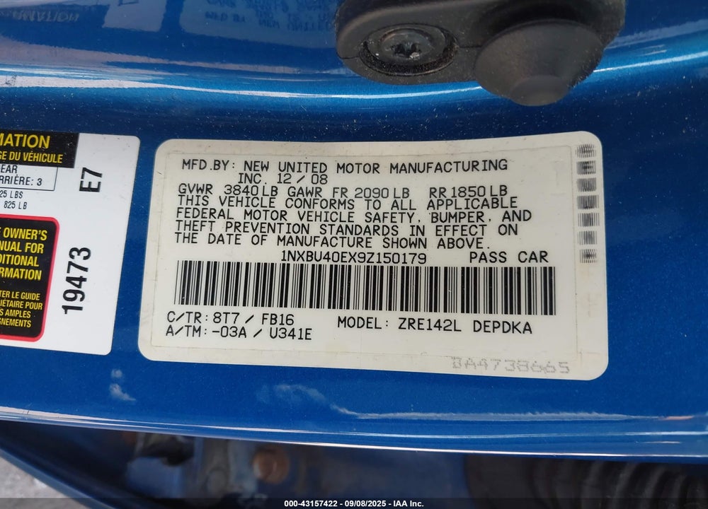 2009 TOYOTA COROLLA VIN: 1NXBU40EX9Z150179