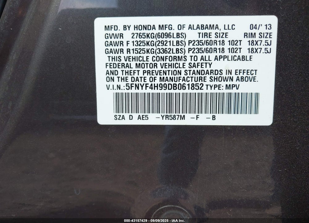 2013 HONDA PILOT TOURING VIN: 5FNYF4H99DB061852