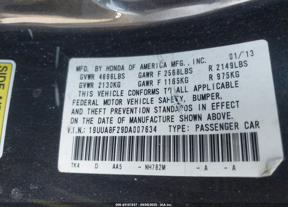 2013 ACURA TL VIN: 19UUA8F29DA007634