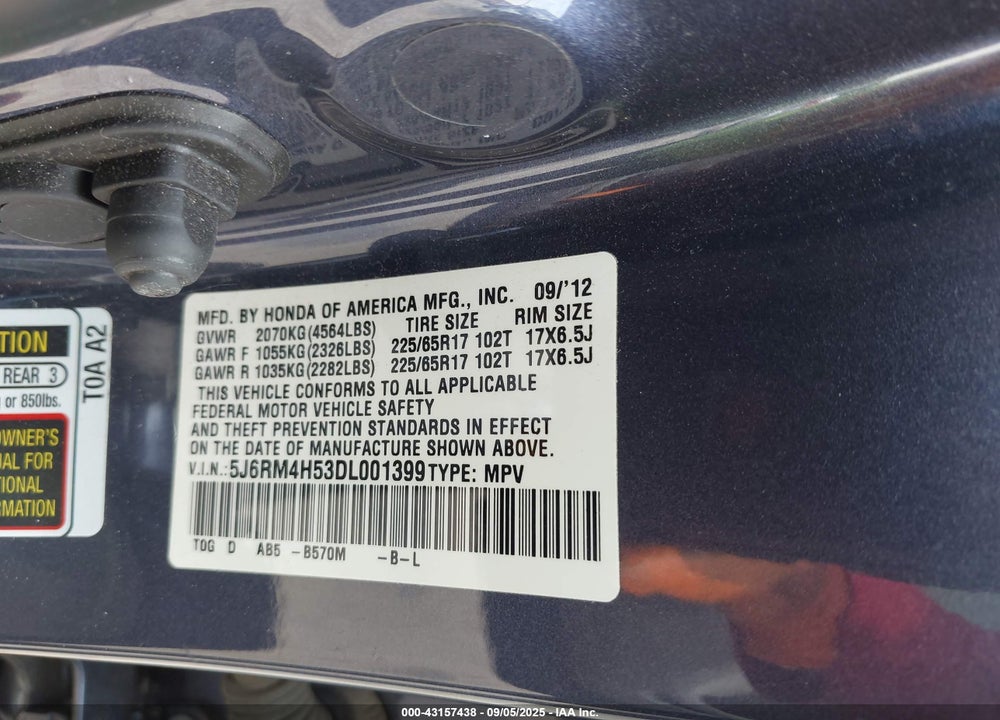 2013 HONDA CR-V VIN: 5J6RM4H53DL001399