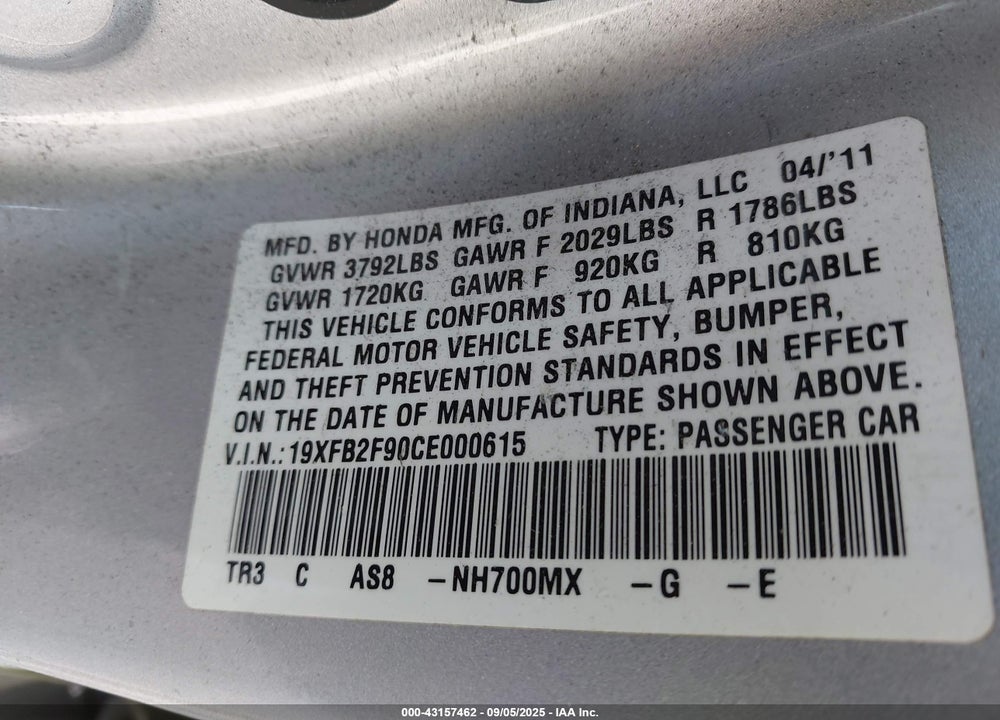 2012 HONDA CIVIC VIN: 19XFB2F90CE000615