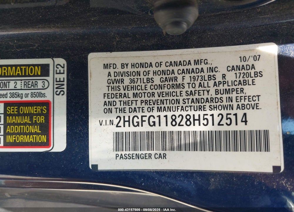 2008 HONDA CIVIC VIN: 2HGFG11828H512514