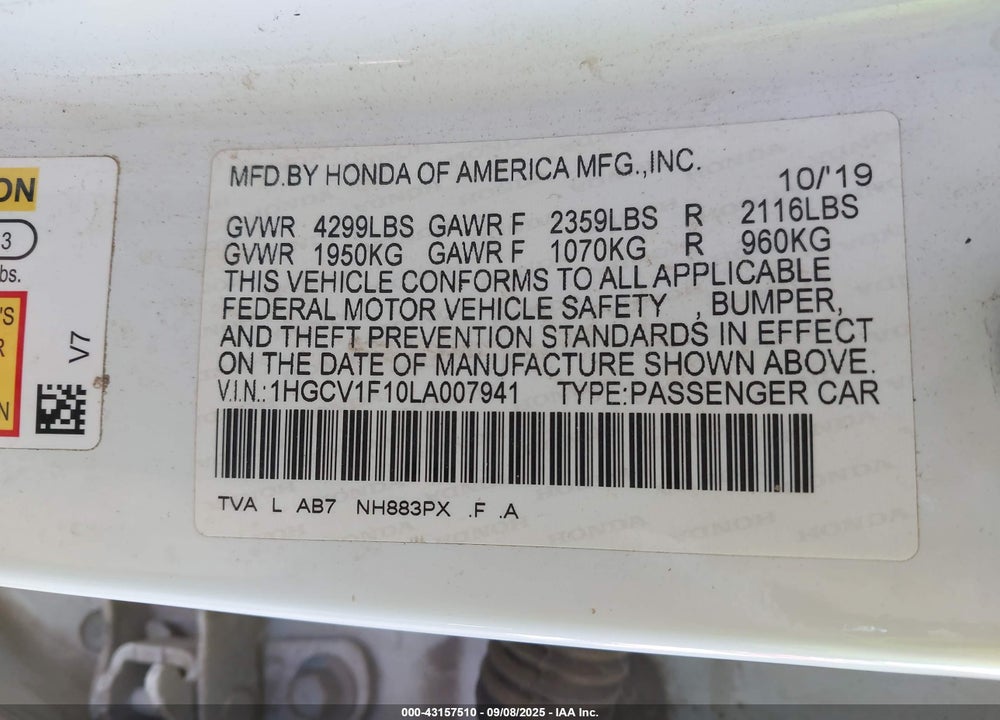 2020 HONDA ACCORD VIN: 1HGCV1F10LA007941