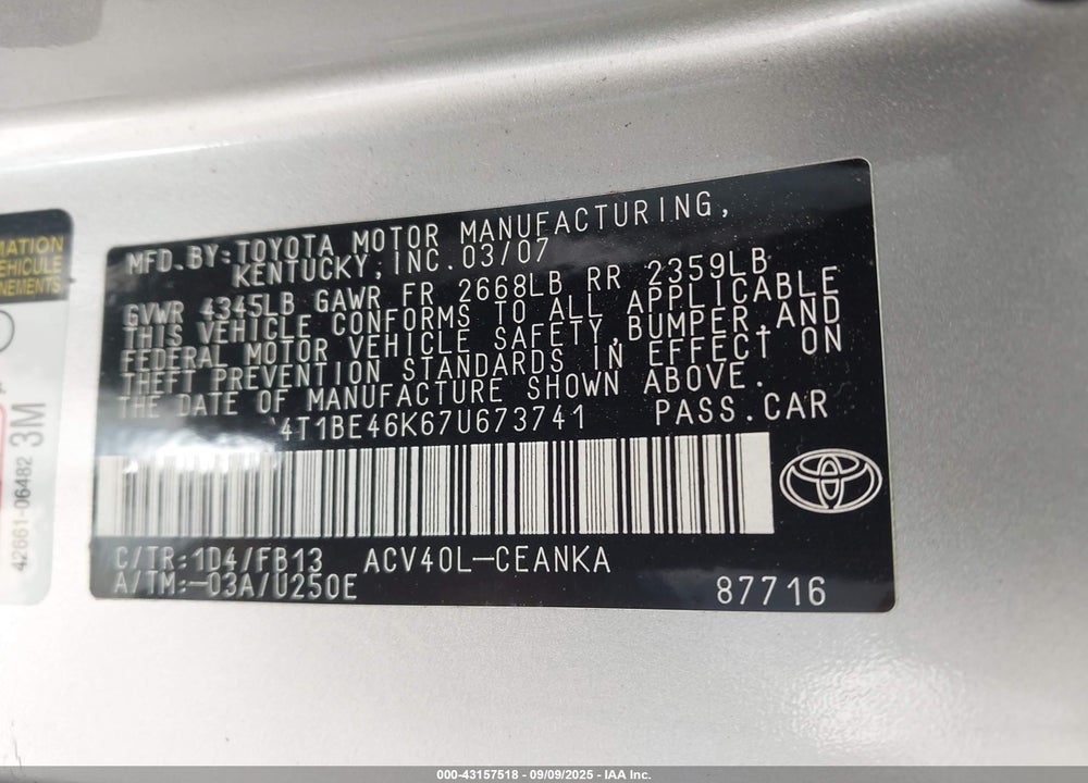 2007 TOYOTA CAMRY LE VIN: 4T1BE46K67U673741