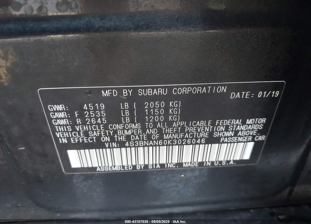 2019 SUBARU LEGACY 2.5I LIMITED VIN: 4S3BNAN60K3026046