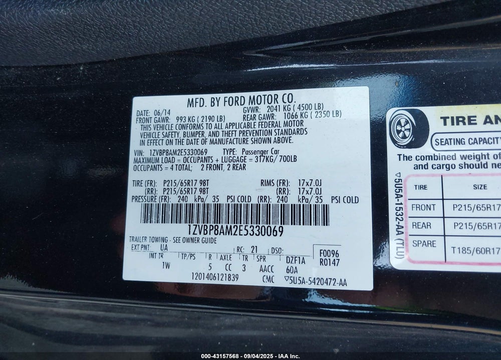2014 FORD MUSTANG VIN: 1ZVBP8AM2E5330069